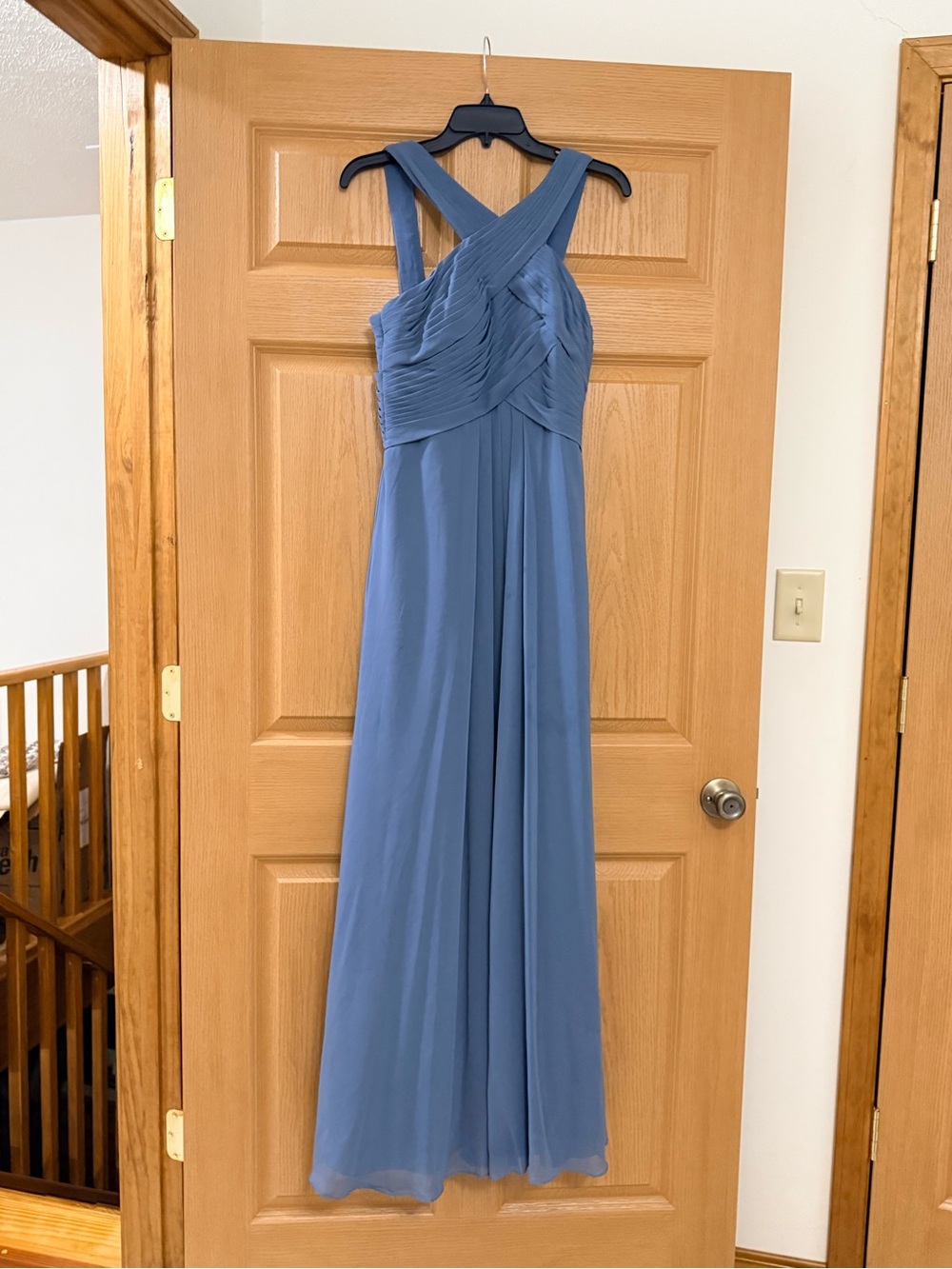 Azazie Dusty Blue Cross-Back Chiffon Wedding Dress